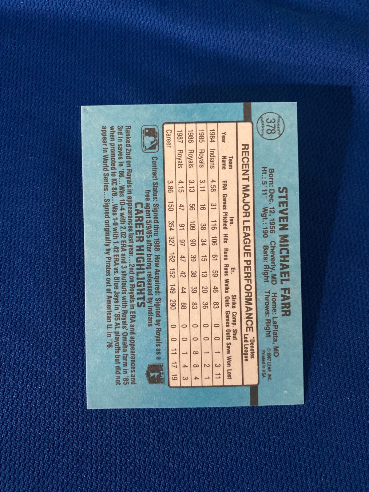 1988 DONRUSS STEVE FARR KC ROYALS AUTOGRAPHED SIGNED CARD #378 W/COA