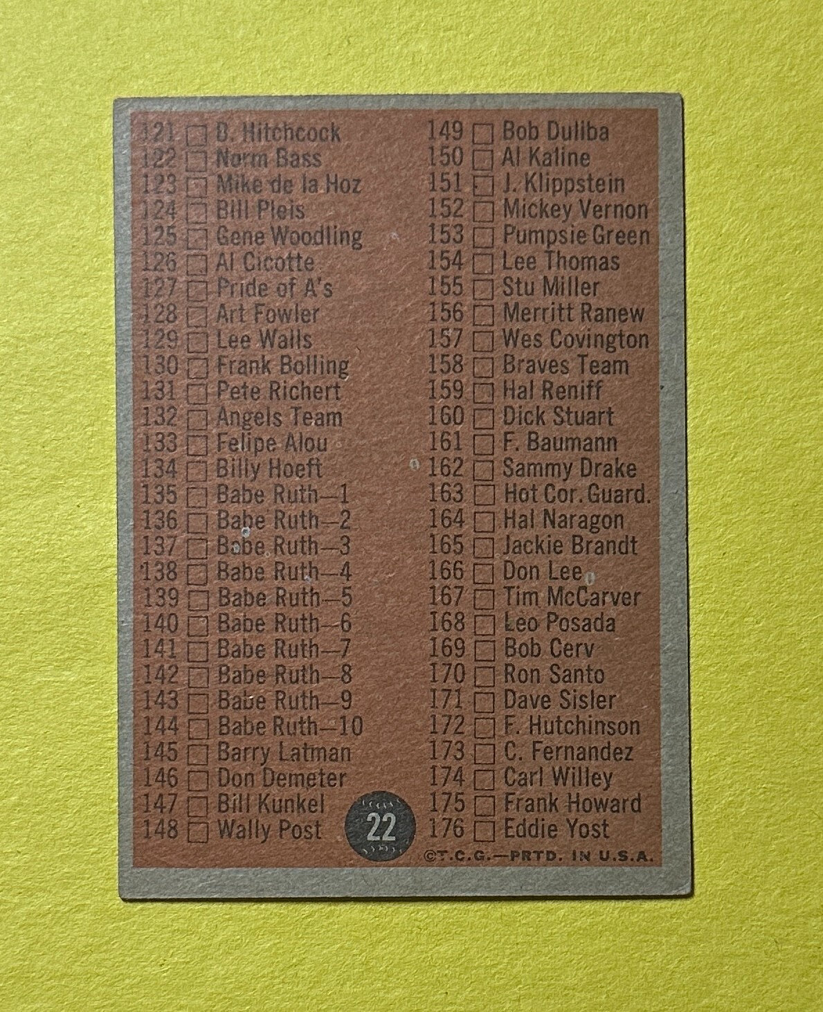 1962 TOPPS CHECKLIST 1ST SERIES #22