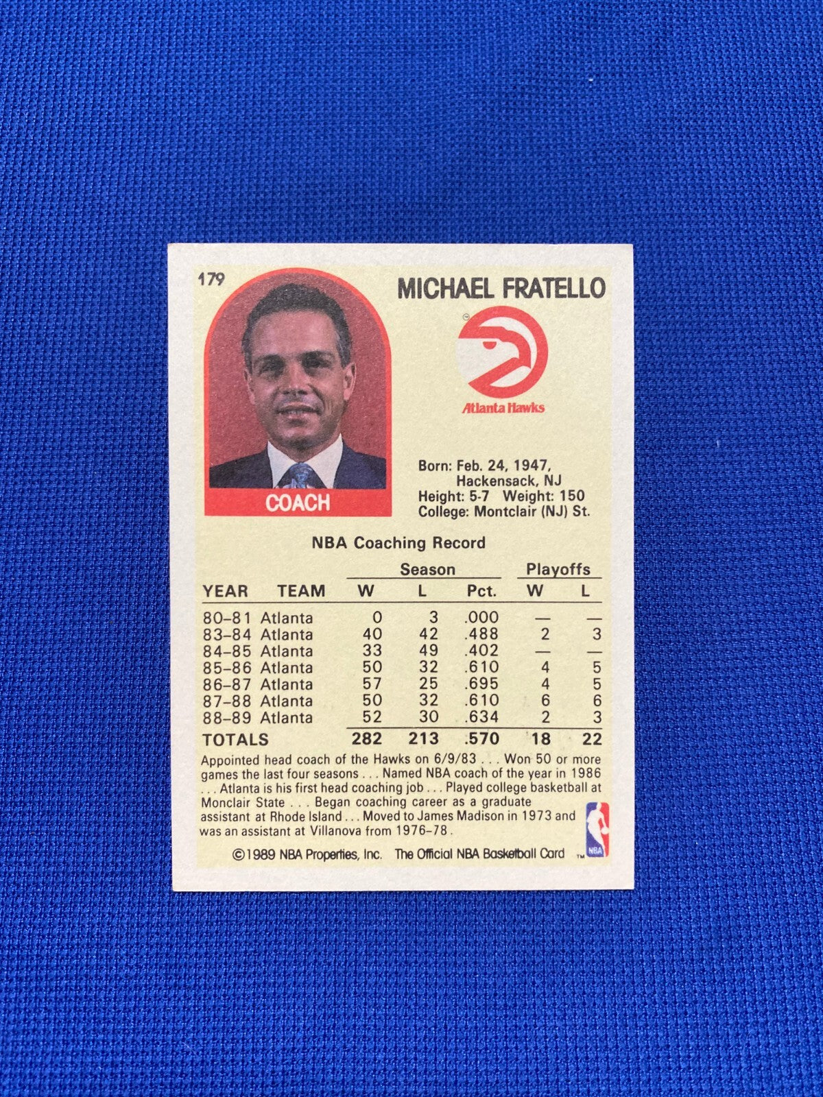 1989 NBA HOOPS MICHAEL FRATELLO ATLANTA HAWKS COACH SIGNED AUTO CARD #179 W/COA
