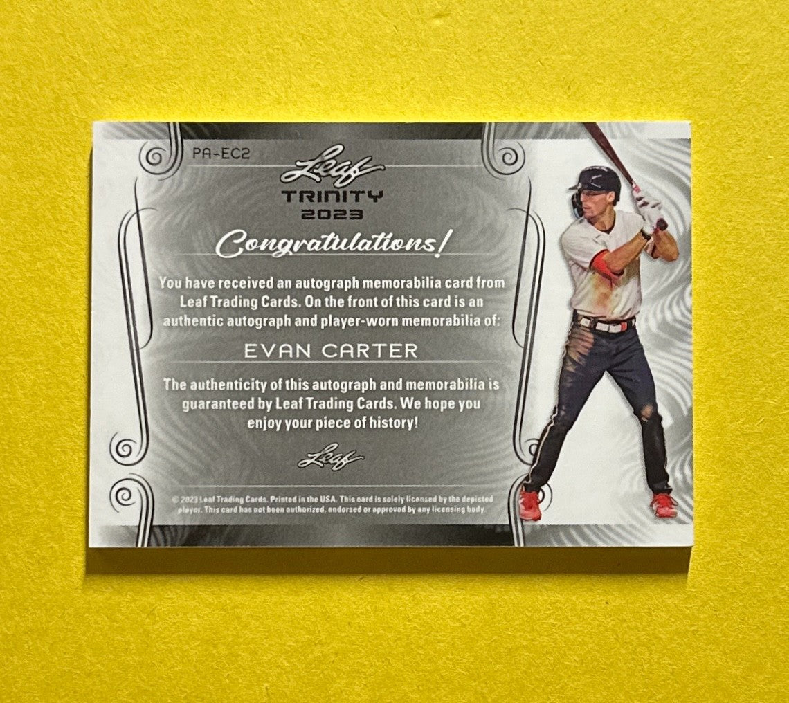 2023 LEAF TRINITY EVAN CARTER PATCH AUTO /99 #PA-EC2 RANGERS