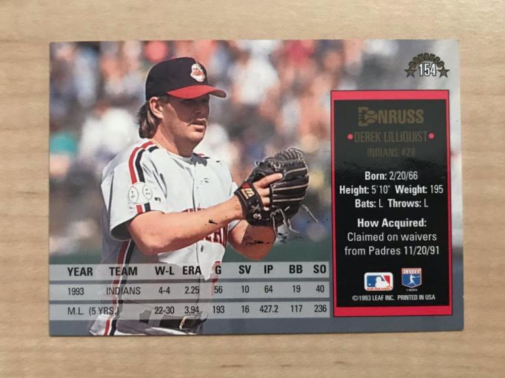 DEREK LILLIQUIST CLEVELAND INDIANS AUTOGRAPHED 1994 DONRUSS CARD #154 W/COA