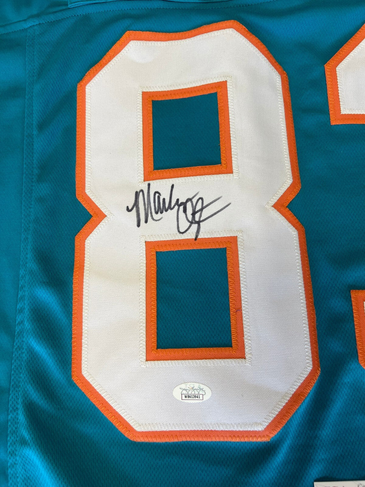 MARK CLAYTON #83 MIAMI DOLPHINS AUTOGRAPHED SIGNED TEAL JERSEY JSA COA *