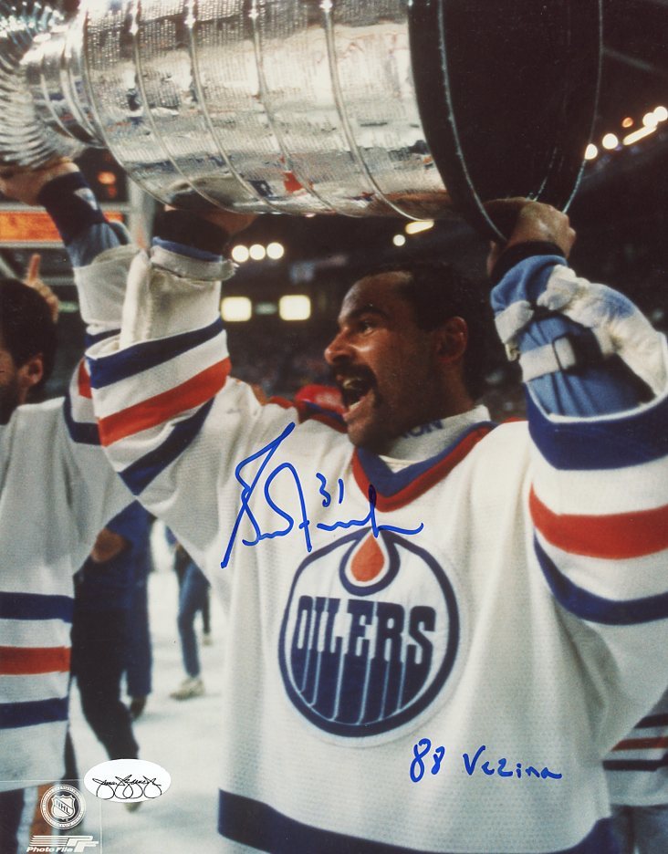 GRANT FUHR TROPHY EDMONTON OILERS SIGNED AUTOGRAPHED 8X10 PHOTO JSA SOA