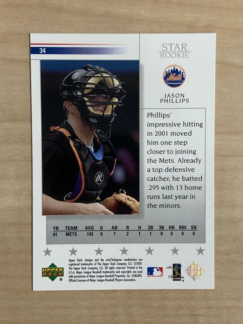 JASON PHILLIPS NEW YORK METS SIGNED AUTOGRAPHED 2002 UPPER DECK CARD #34 W/COA