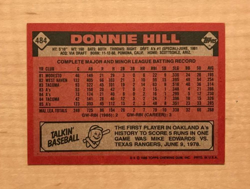 DONNIE HILL OAKLAND ATHLETICS SIGNED AUTOGRAPHED 1986 TOPPS CARD #484 W/COA