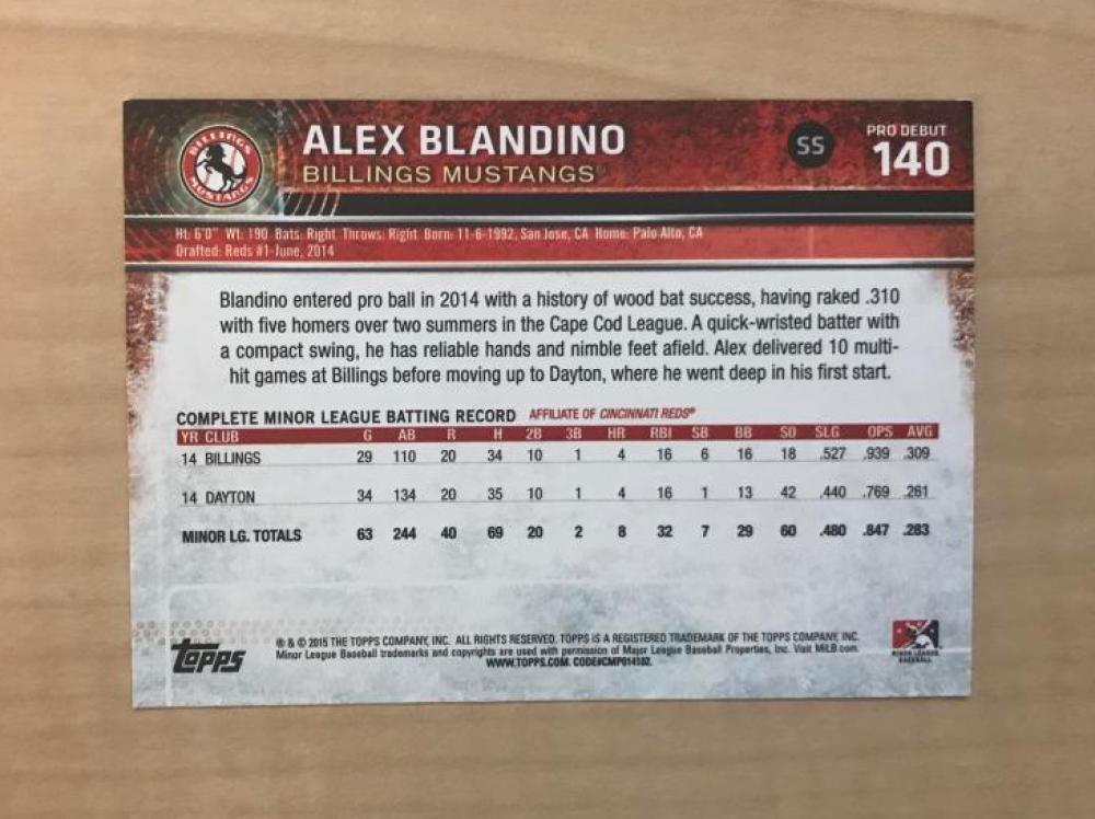 ALEX BLANDINO BILLINGS MUSTANGS SIGNED 2015 TOPPS PRO DEBUT CARD #140 W/COA