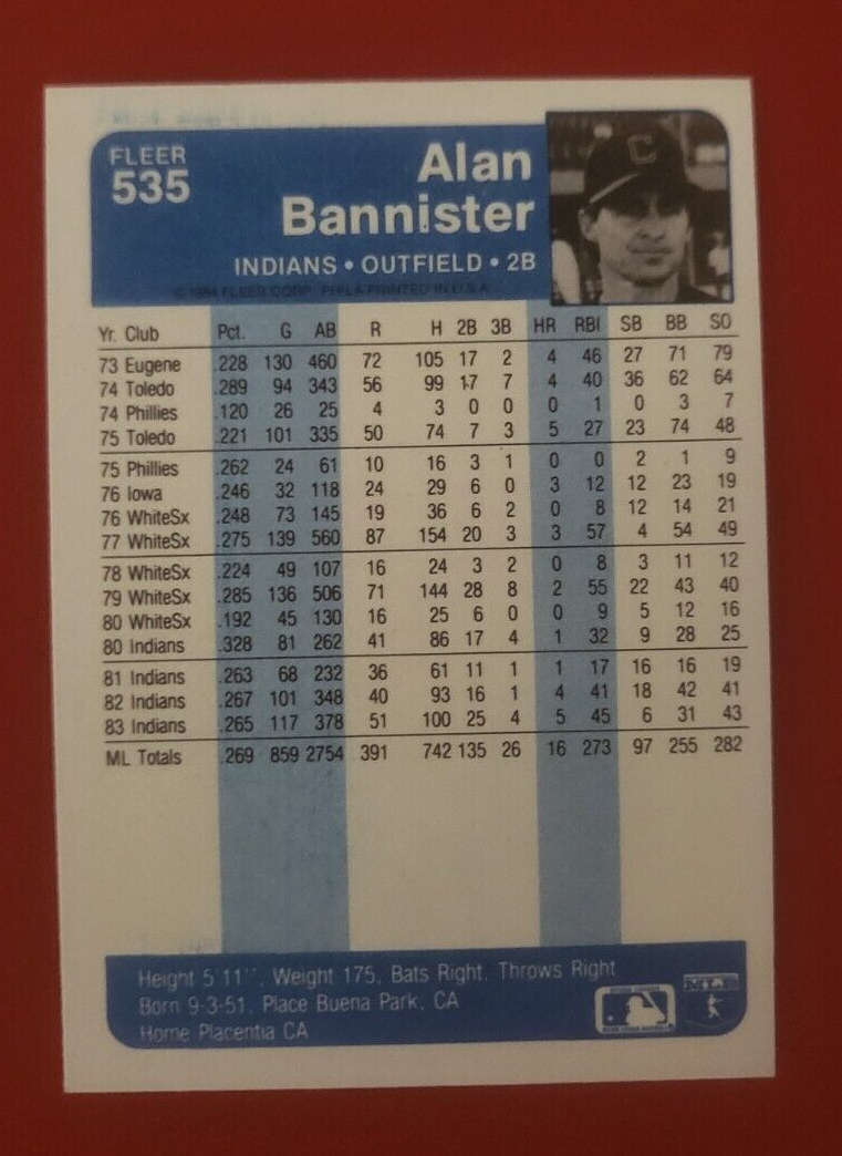 1984 FLEER ALAN BANNISTER CLEVELAND INDIANS SIGNED AUTOGRAPHED AUTO CARD #535