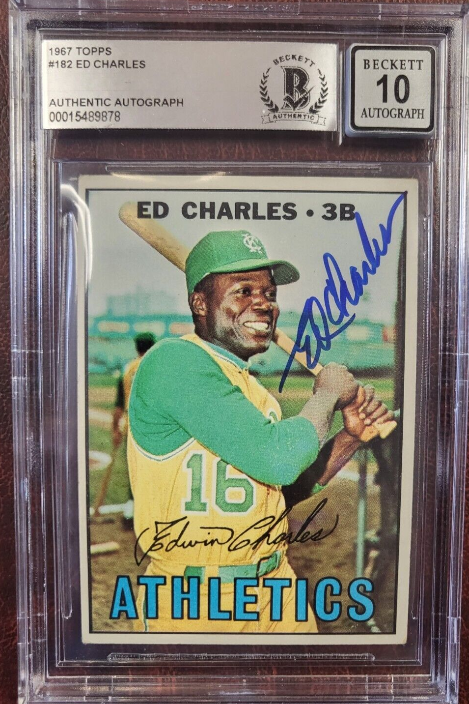1967 TOPPS ED CHARLES ATHLETICS SIGNED AUTOGRAPH #182 CARD BECKETT 10 AUTO