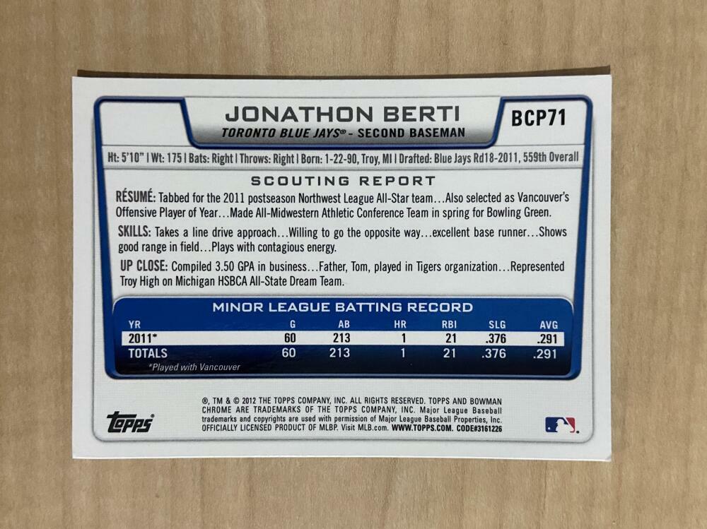 JONATHON BERTI TORONTO BLUE JAYS SIGNED 2012 BOWMAN CHROME CARD #BCP71 W/COA