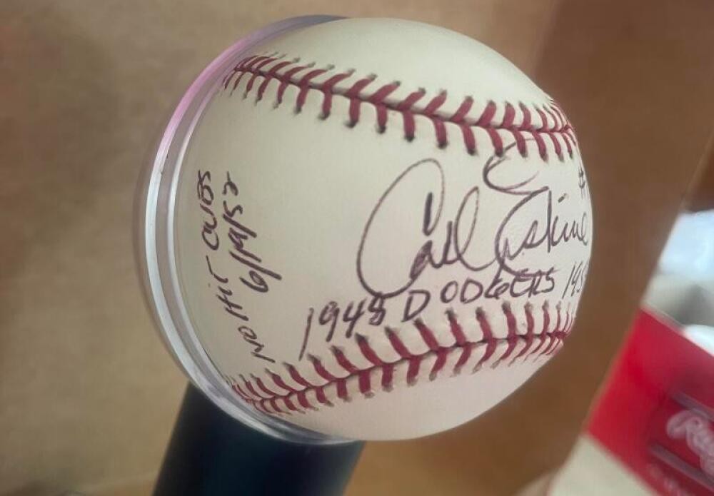CARL ERSKINE STATS 2 NO HITTERS DODGERS SIGNED AUTOGRAPHED M.L. BASEBALL BECKETT