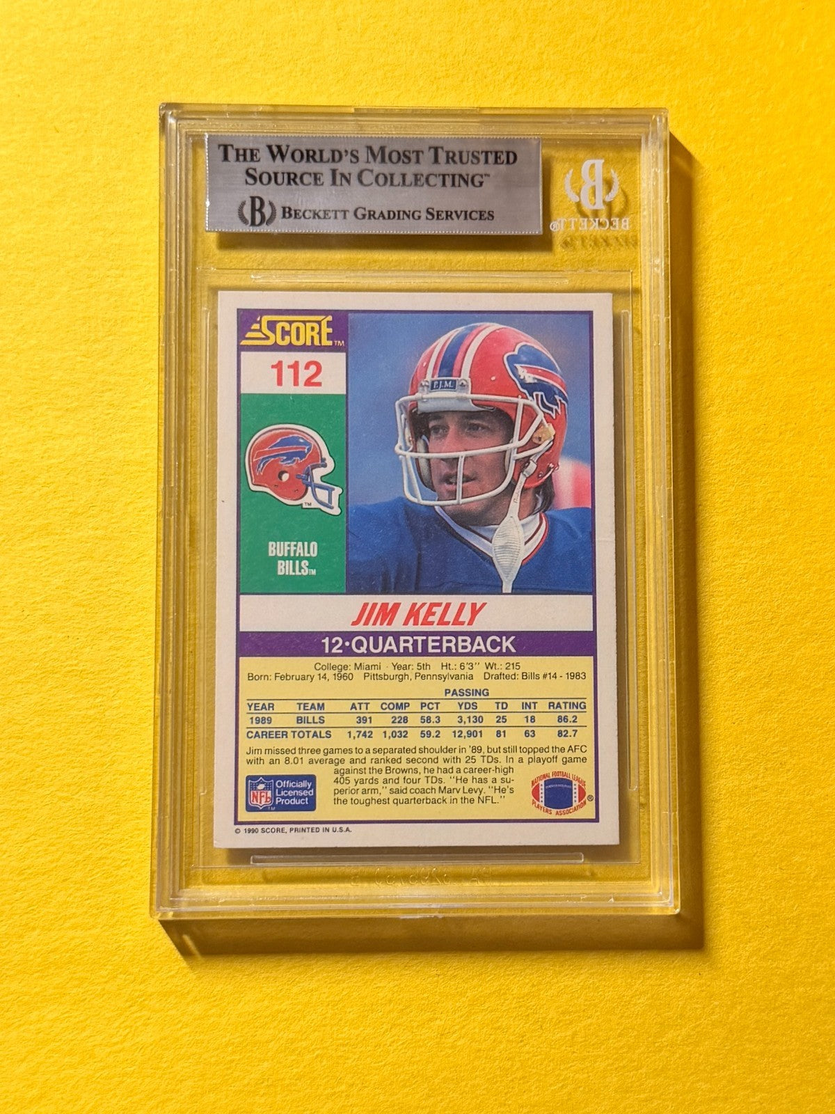1990 SCORE JIM KELLY#112 SIGNED AUTO CARD BECKETT AUTHENTIC BILLS