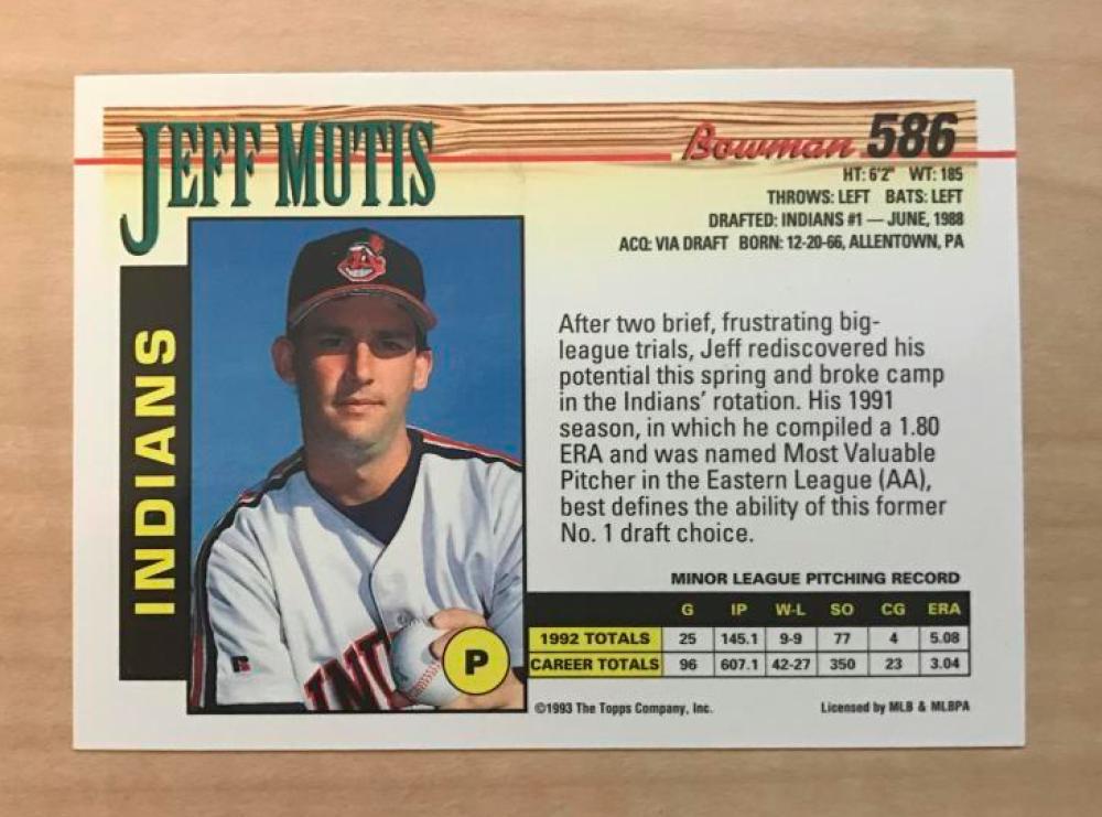 JEFF MUTIS CLEVELAND INDIANS SIGNED AUTOGRAPHED 1993 BOWMAN CARD #586 W/COA