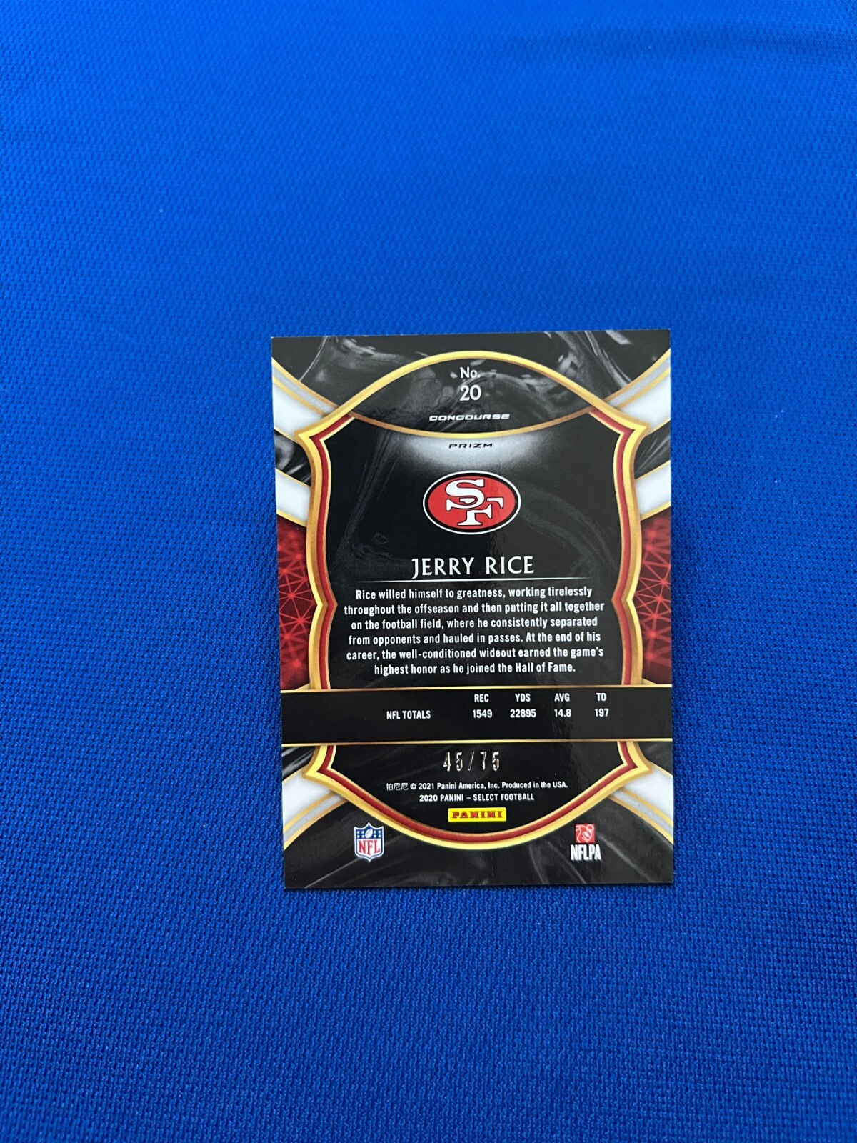2020 PANINI SELECT JERRY RICE SF 49ERS PURPLE PRIZM CONCOURSE 45/75