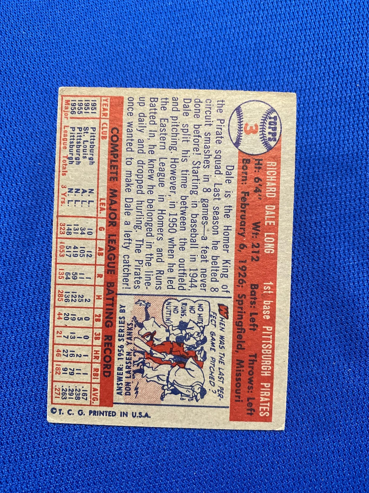 1957 TOPPS DALE LONG PITTSBURGH PIRATES #3 CARD VINTAGE SET-BREAK