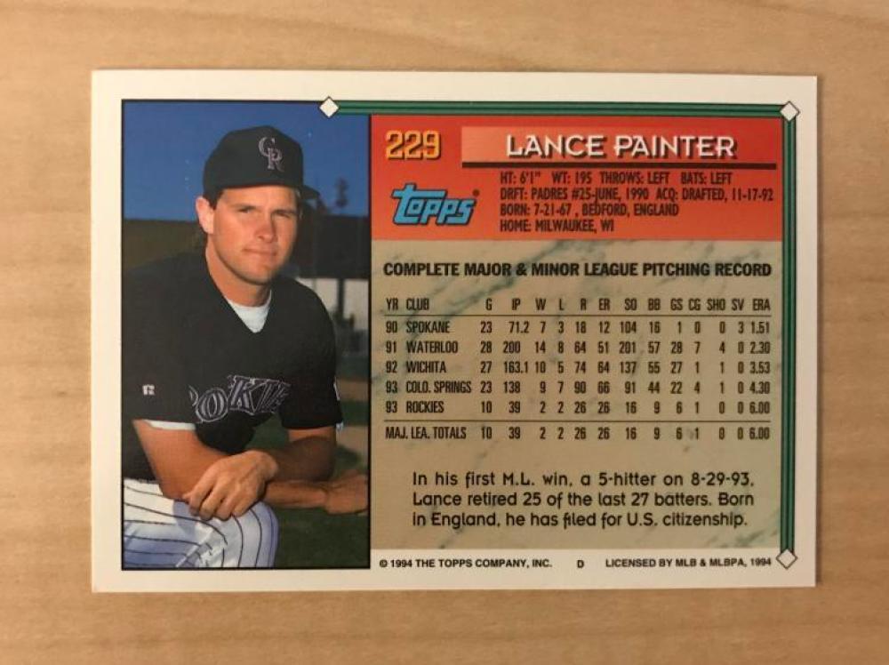 LANCE PAINTER COLORADO ROCKIES SIGNED AUTOGRAPHED 1994 TOPPS CARD #229 W/COA