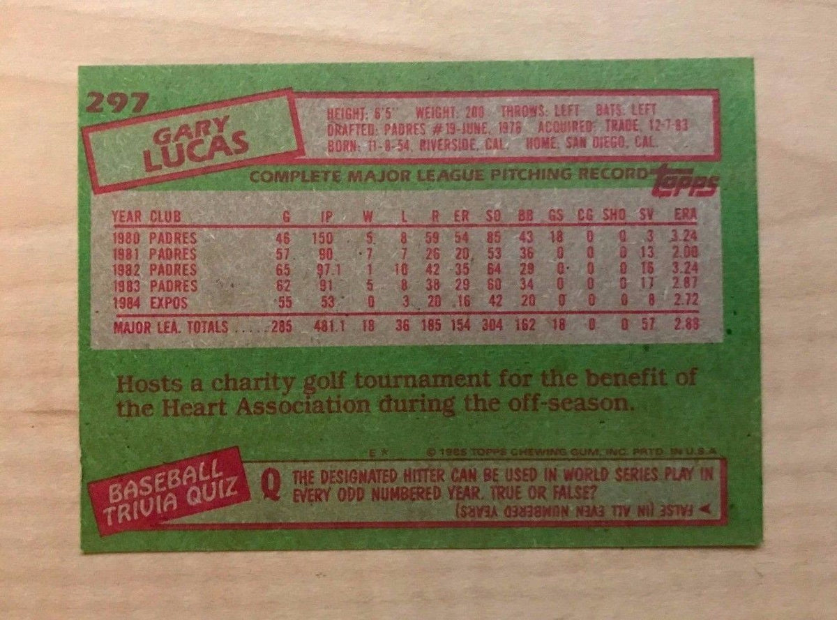 GARY LUCAS MONTREAL EXPOS SIGNED AUTOGRAPHED 1985 TOPPS CARD #297 W/COA