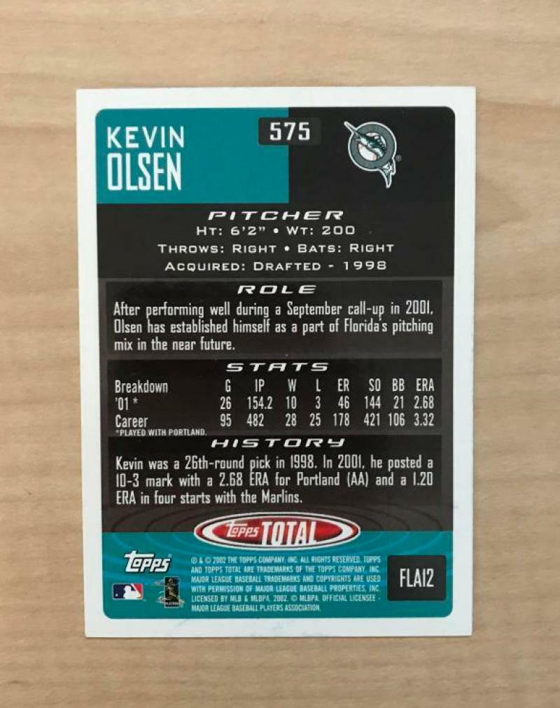 KEVIN OLSEN FLORIDA MARLINS SIGNED AUTOGRAPHED 2002 TOPPS TOTAL CARD #575 W/COA