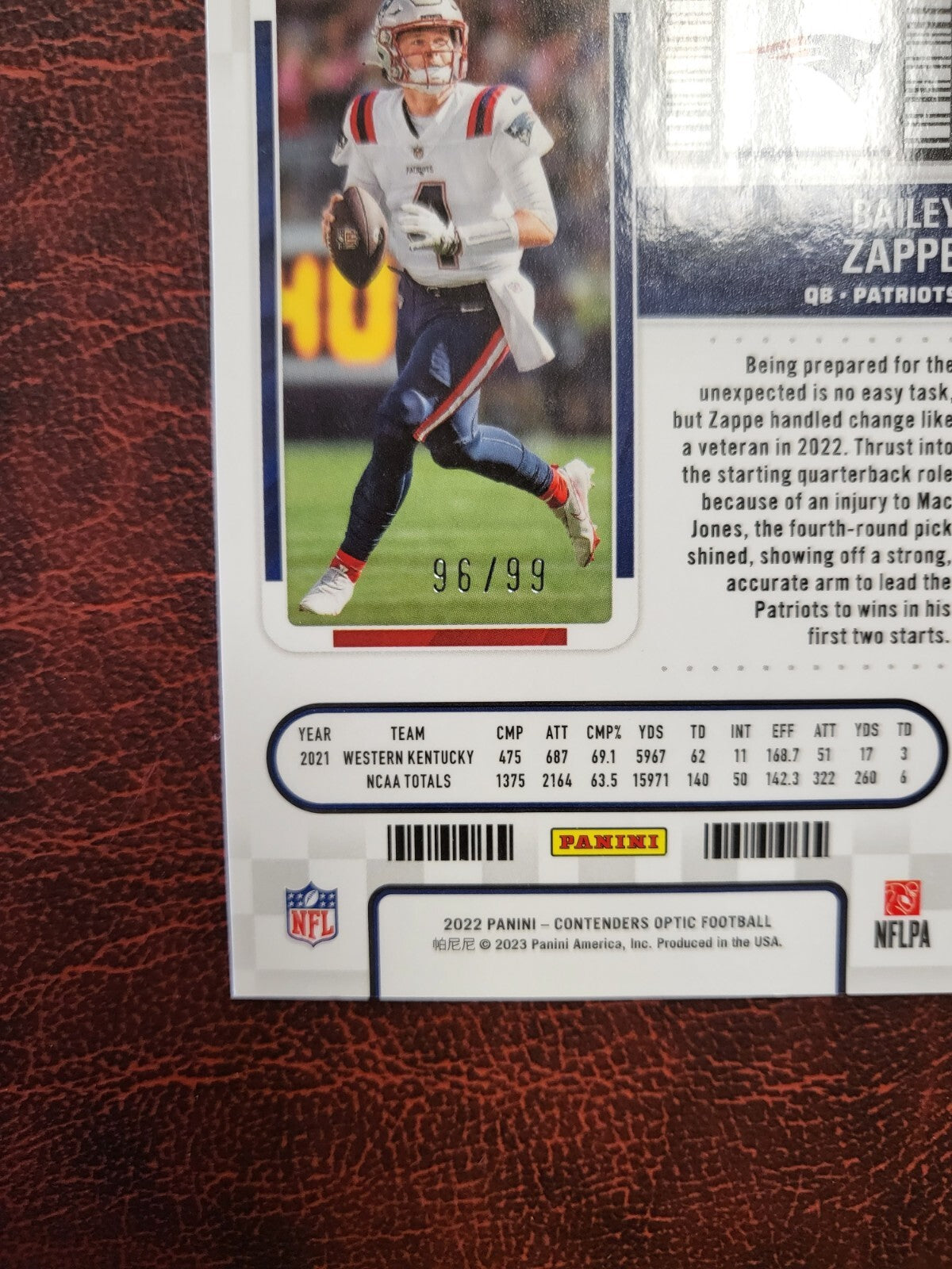 2022 CONTENDERS OPTIC ROOKIE TICKET BAILEY ZAPPE BLUE /99 RC FOOTBALL CARD RARE