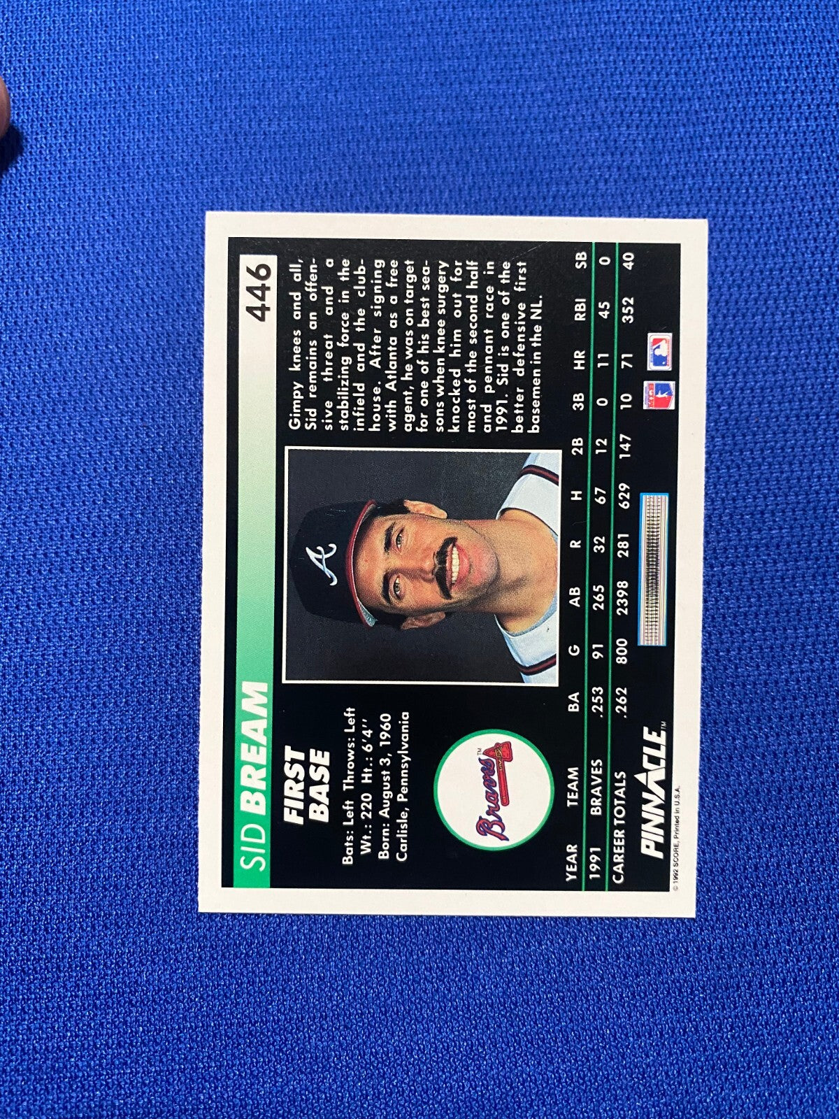 1992 PINNACLE SID BREAM ATLANTA BRAVES SIGNED AUTOGRAPHED #446 CARD W/COA