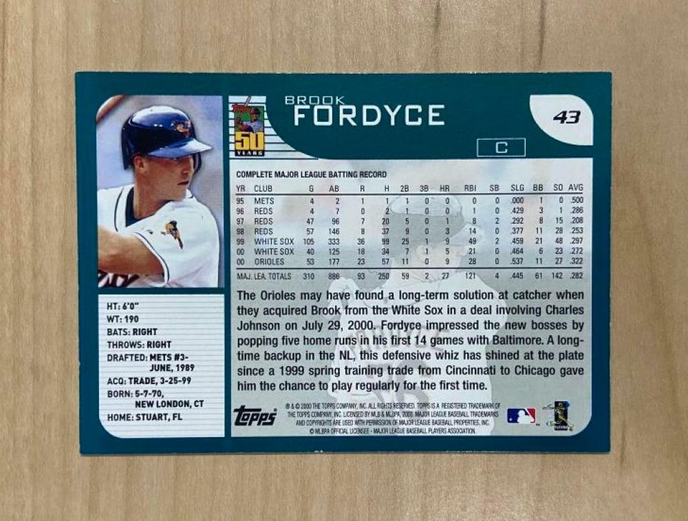 BROOK FORDYCE BALTIMORE ORIOLES SIGNED AUTOGRAPHED 2001 TOPPS CARD #43 W/COA