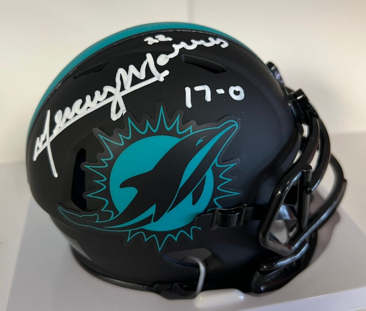 MERCURY MORRIS 17-0 MIAMI DOLPHINS SIGNED AUTOGRAPH ECLIPSE MINI HELMET W/COA