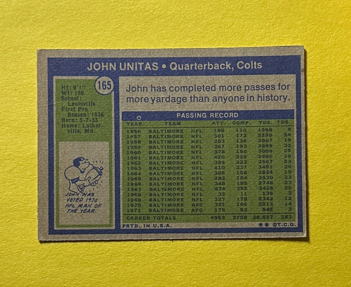 1972 TOPPS JOHN UNITAS #165 COLTS HOF