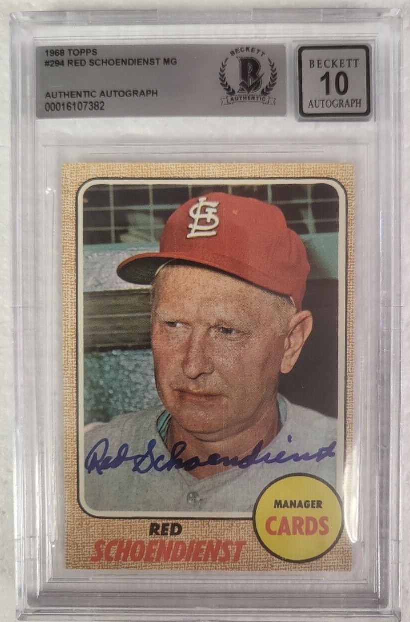 1968 TOPPS RED SCHOENDIENST STL CARDINALS SIGNED #294 CARD BECKETT 10 AUTO