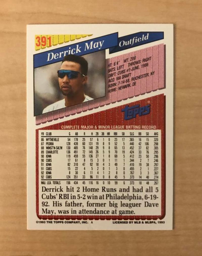 DERRICK MAY CHICAGO CUBS SIGNED AUTOGRAPHED 1993 TOPPS CARD #391 W/COA