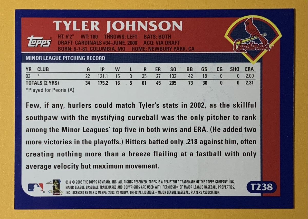 2003 TOPPS TYLER JOHNSON ST. LOUIS CARDINAL #T238 SIGNED AUTOGRAPHED CARD W/ COA