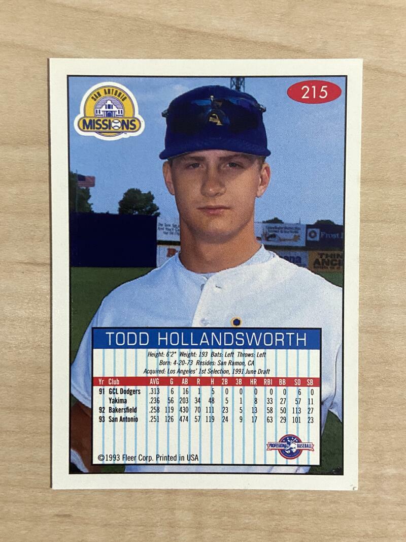 TODD HOLLANDSWORTH SAN ANTONIO MISSIONS SIGNED 1993 FLEER CARD #215 W/COA