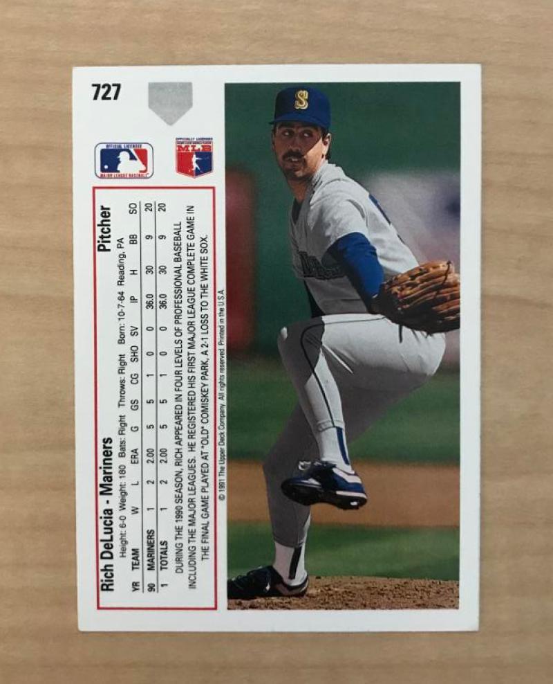 RICH DELUCIA SEATTLE MARINERS SIGNED AUTOGRAPHED 1991 UPPER DECK CARD #727 W/COA