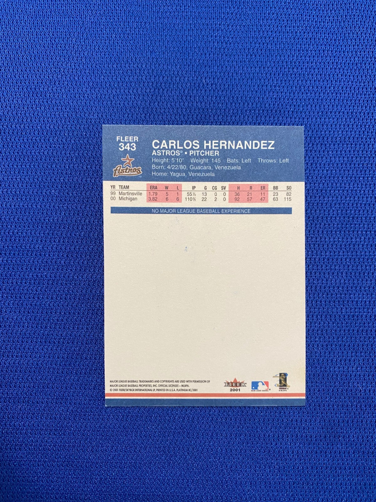 2001 FLEER PLATINUM CARLOS HERNANDEZ ASTROS SIGNED AUTO AUTOGRAPH CARD #343 COA