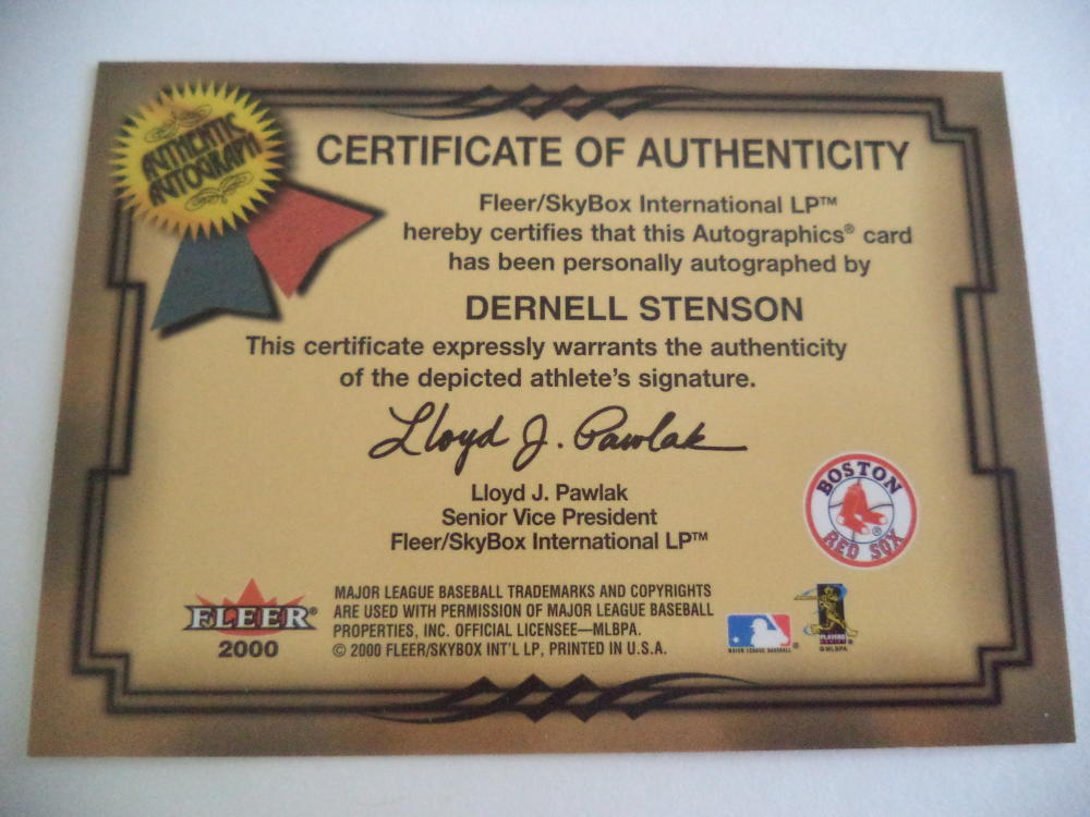 DERNELL STENSON 2000 FLEER AUTOGRAPHICS DECEASED SIGNED CARD RED SOX RARE