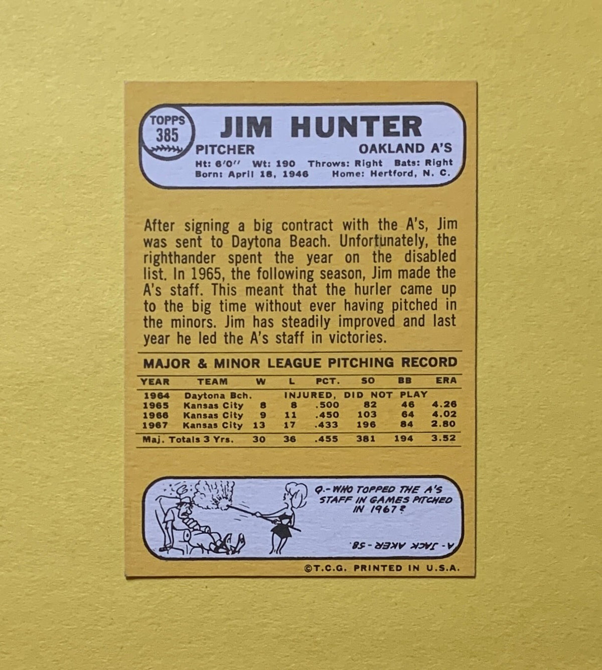 1968 TOPPS JIM "CATFISH" HUNTER #385 ATHLETICS