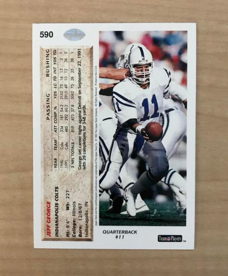 JEFF GEORGE INDIANAPOLIS COLTS SIGNED AUTOGRAPHED 1992 UPPER DECK CARD#590 W/COA