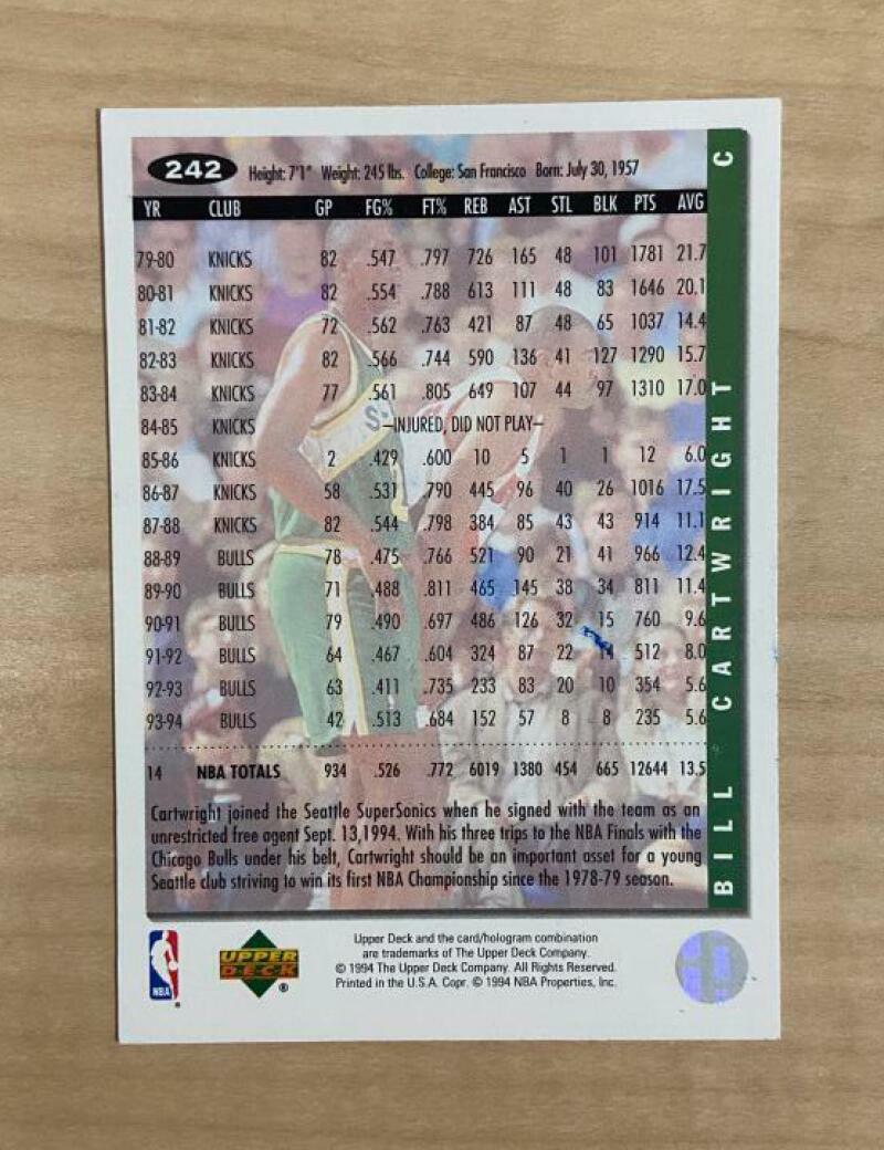 BILL CARTWRIGHT SEATTLESUPER SONICS SIGNED 94-95 UPPER DECK CARD #242 W/COA