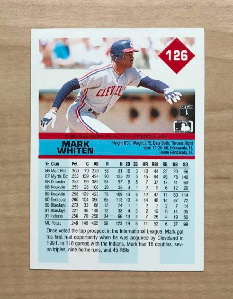 MARK WHITEN CLEVELAND INDIANS SIGNED AUTOGRAPHED 1992 FLEER CARD #126 W/COA