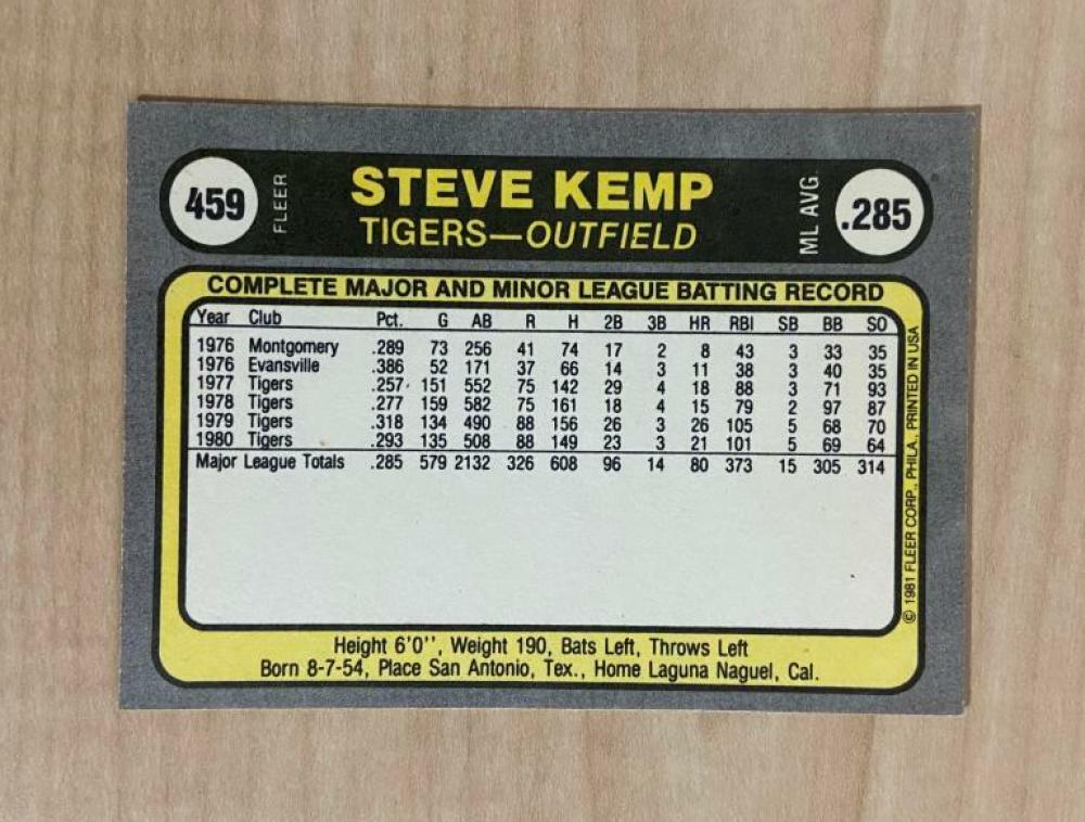 STEVE KEMP DETROIT TIGERS SIGNED AUTOGRAPHED 1981 FLEER CARD #459 W/COA