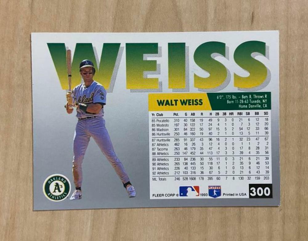 WALT WEISS OAKLAND ATHLETICS SIGNED AUTOGRAPHED 1993 FLEER CARD #300 W/COA
