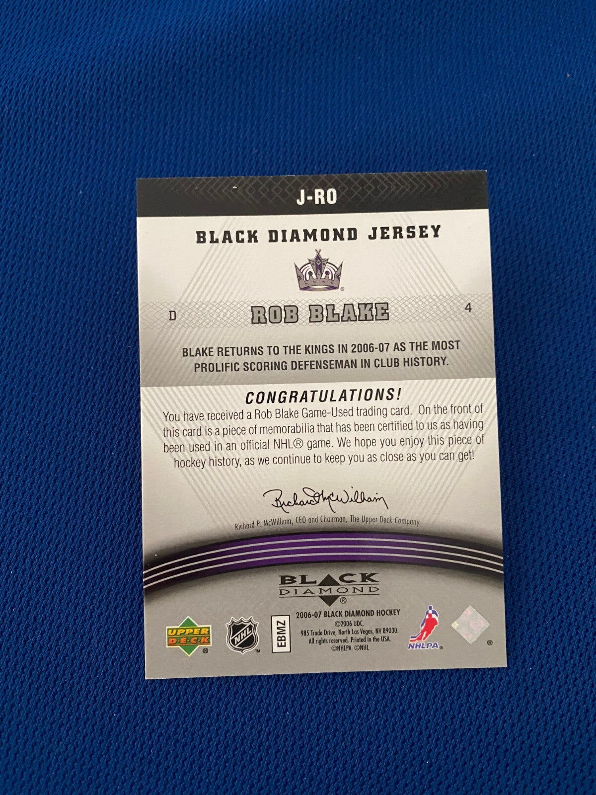 2006-07 UPPER DECK BLACK DIAMOND ROB BLAKE KINGS GAME USED JERSEY CARD #J-RO