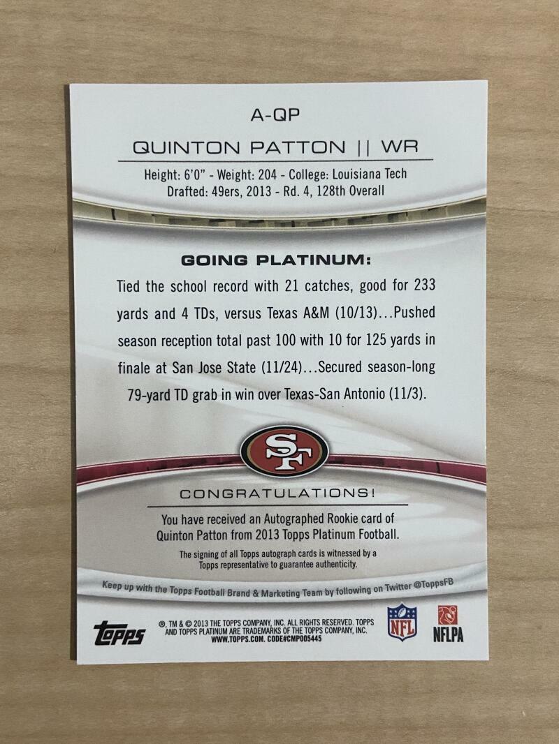 QUINTON PATTON SAN FRANCISCO 49ERS SIGNED 2013 TOPPS 09/50 CARD #A-QP W/COA