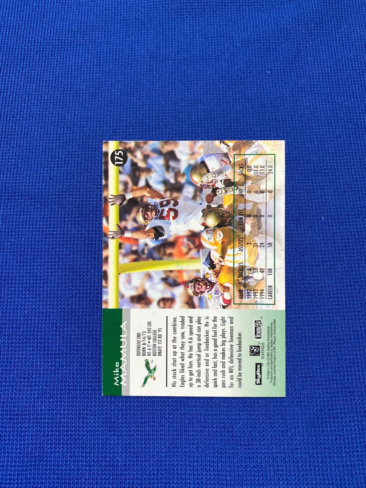 1995 SKYBOX IMPACT MIKE MAMULA EAGLES SIGNED AUTOGRAPHED ROOKIE CARD #175 W/COA