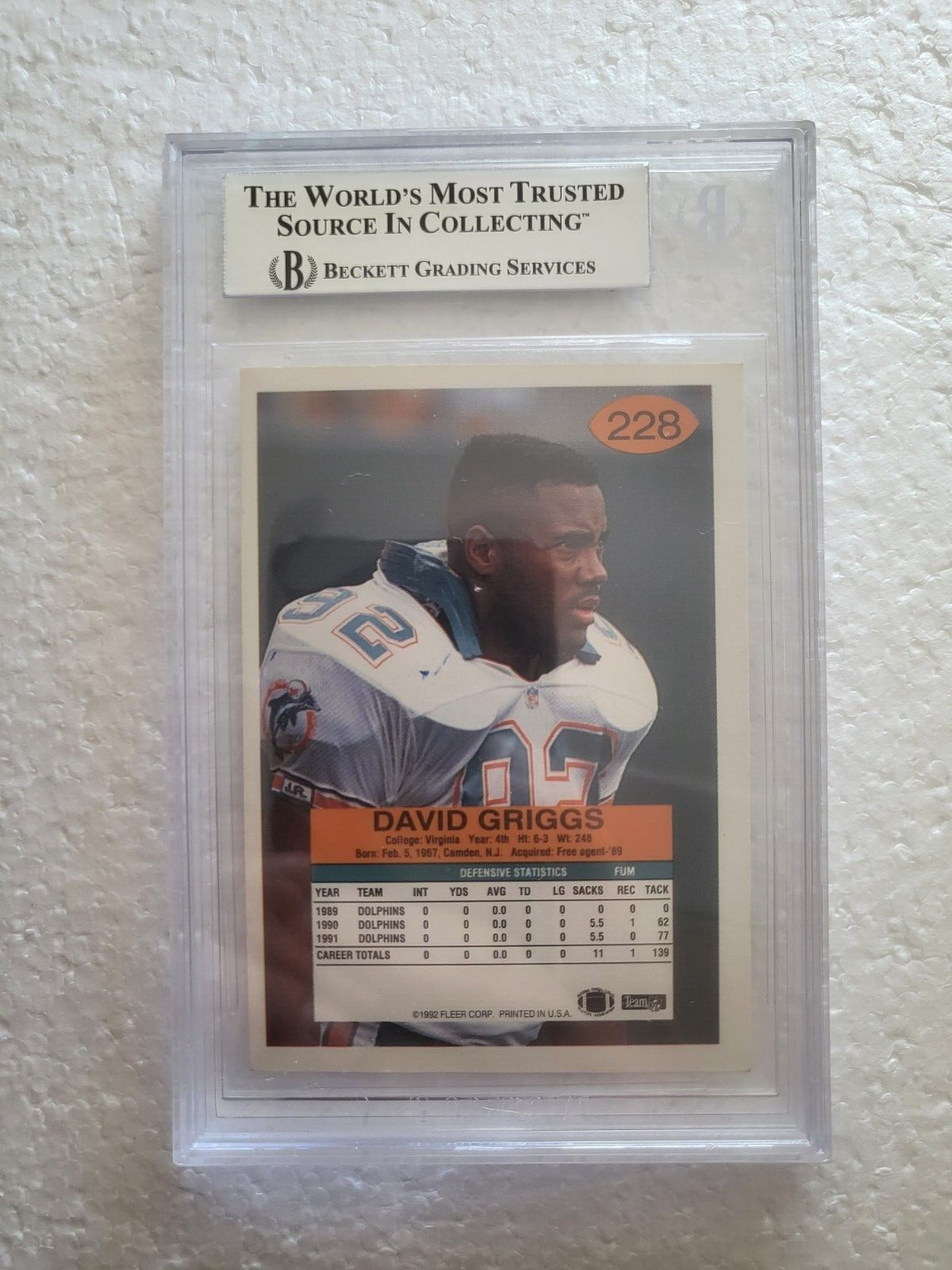 1992 FLEER DAVID GRIGGS MIAMI DOLPHINS SIGNED AUTOGRAPHED #228 CARD BECKETT