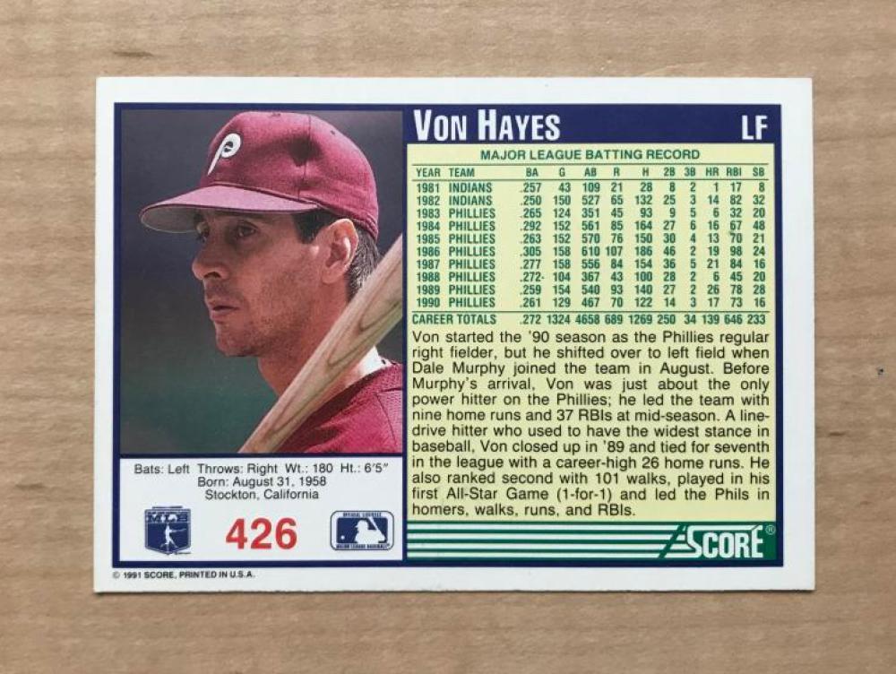 VON HAYES PHILADELPHIA PHILLIES SIGNED AUTOGRAPHED 1991 SCORE CARD #426 W/COA