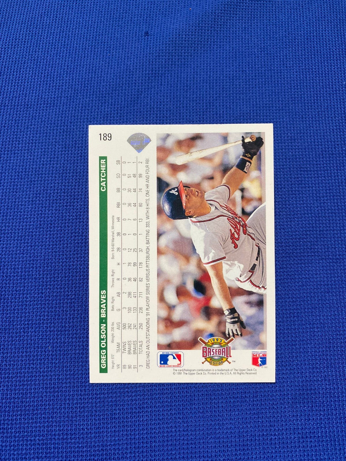 1992 UPPER DECK GREG OLSON ATLANTA BRAVES SIGNED AUTOGRAPHED CARD #189 W/COA
