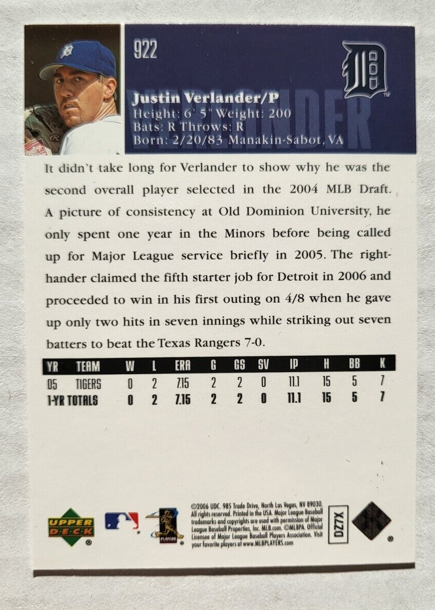 2006 UPPER DECK JUSTIN VERLANDER ROOKIE RC CARD #922 DETROIT TIGERS
