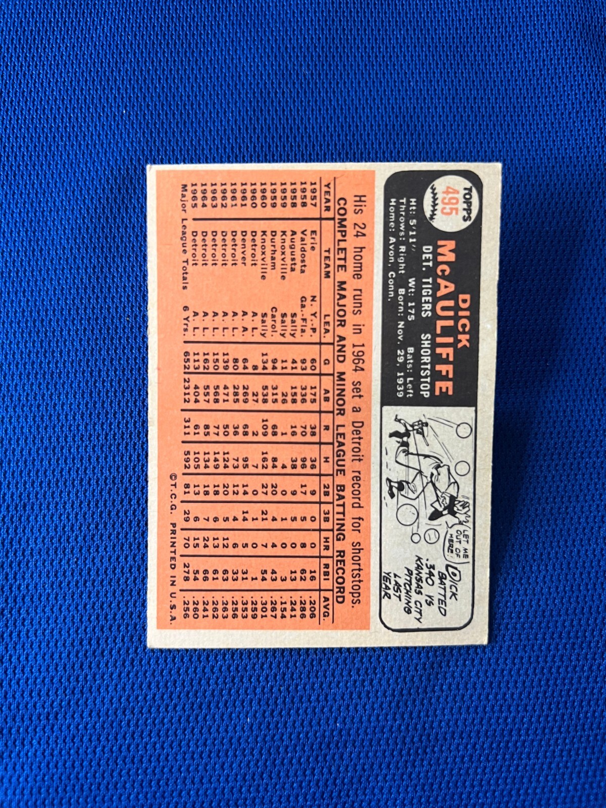 VINTAGE 1966 TOPPS DICK MCAULIFFE DETROIT TIGERS CARD #495
