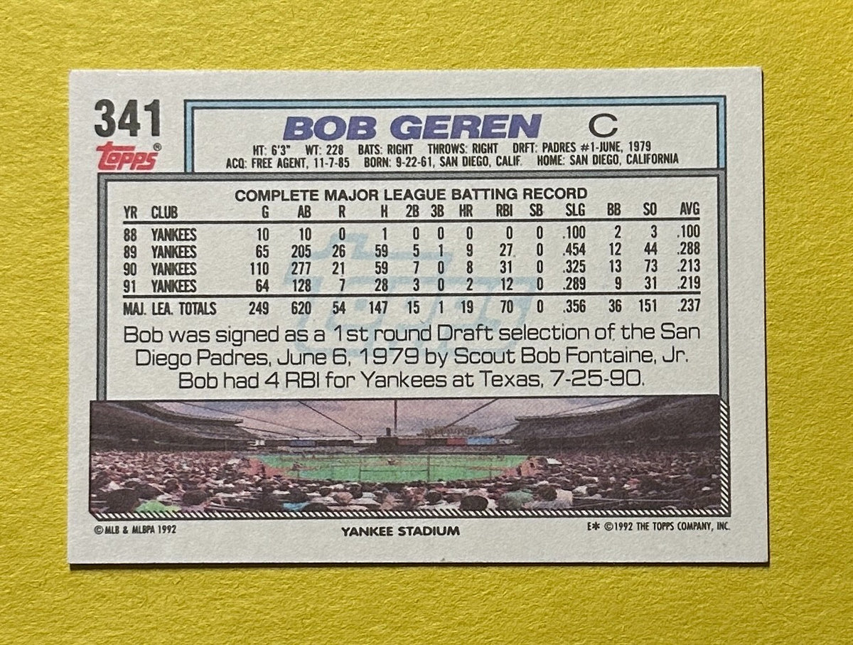 1992 TOPPS BOB GEREN SIGNED AUTOGRAPH CARD W/ COA #341 YANKEES