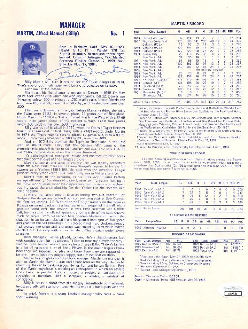 1974 TEXAS RANGERS RARE SIGN BILLY MARTIN ETC PROGRAM JSA CC82554