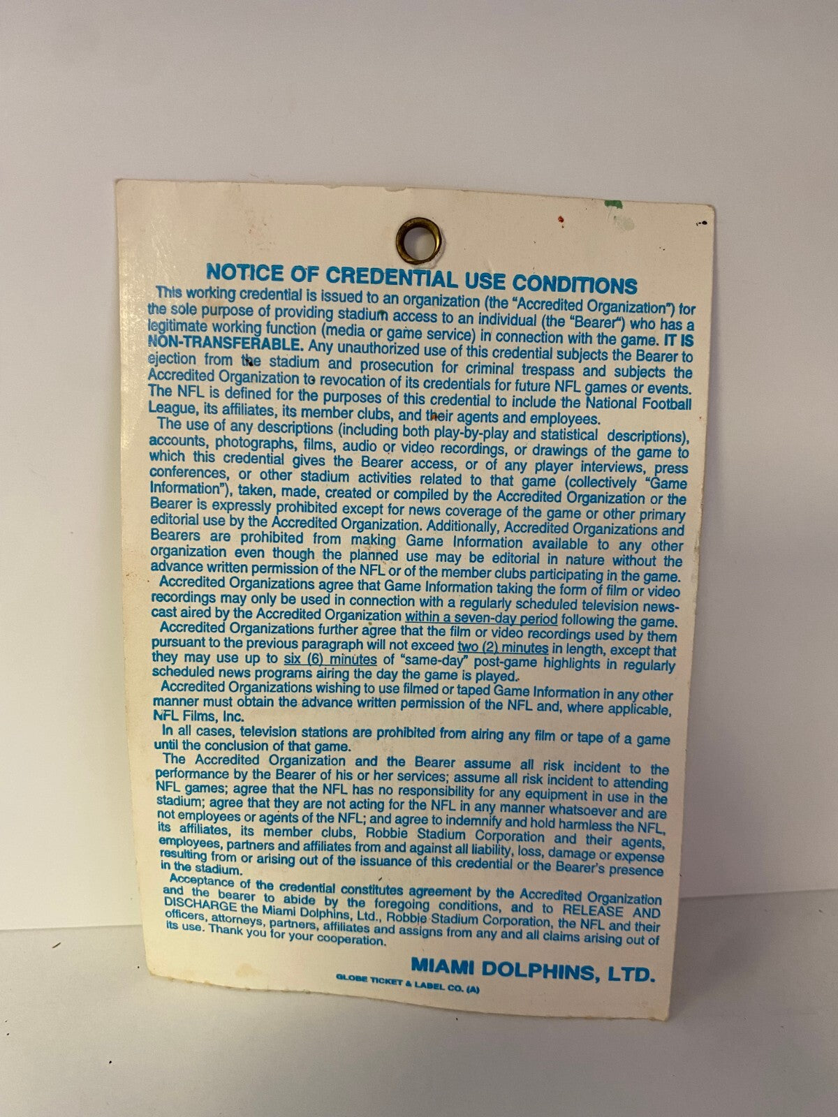 VINTAGE 1996 MIAMI DOLPHINS VS NEW YORK JETS STADIUM OPERATIONS PASS